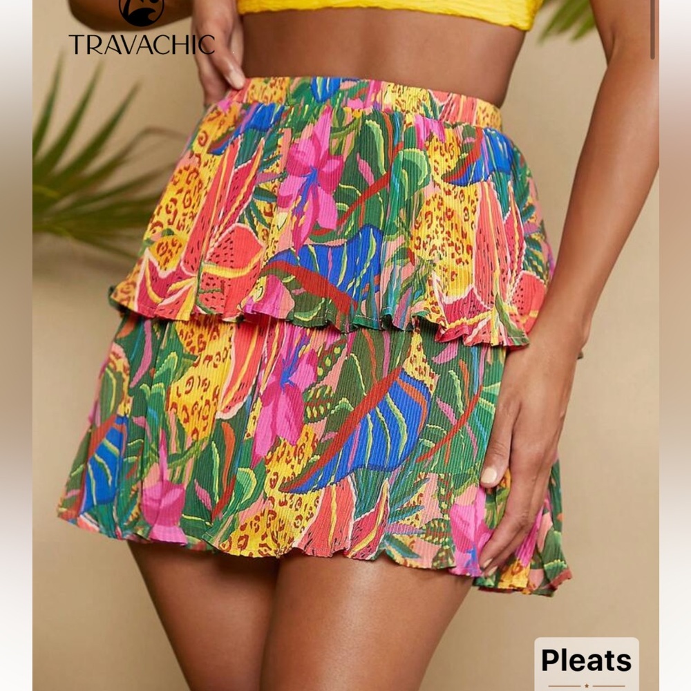 SHEIN Multicolor Tropical Floral Tiered Pleated Mini Skirt